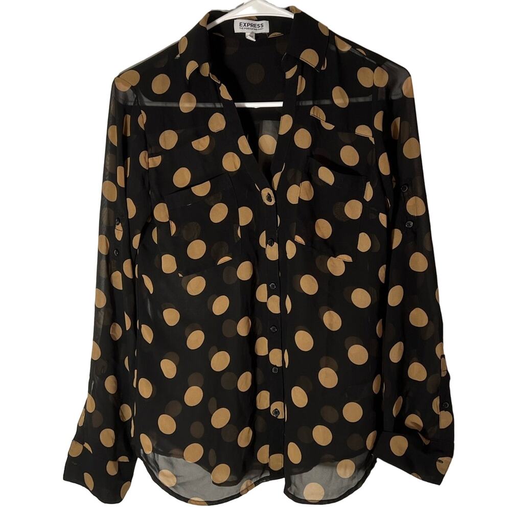 Express portofino button up sheer shirt black gold polka dots holiday outfit XS